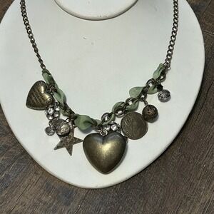 Antique Bronze Luke 10:27‎ Heart Charm Necklace Green Ribbon Crystal 24 Inch
